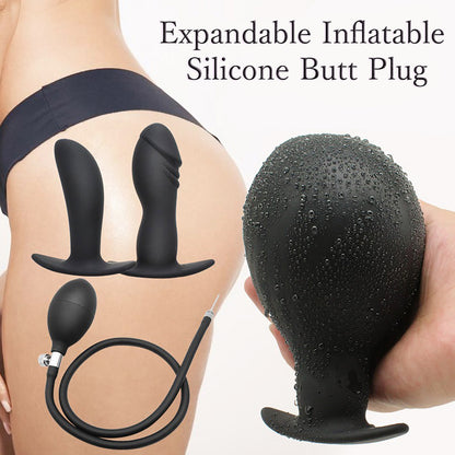 Black expandable inflatable silicone anal plug with detachable air pump for customizable stretching and public play by Sexy Maker.
