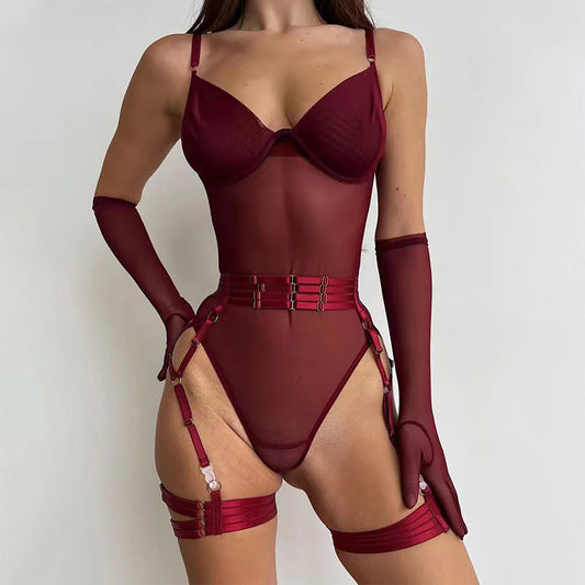 Burgundy Mesh Bodysuit with Garter Belt