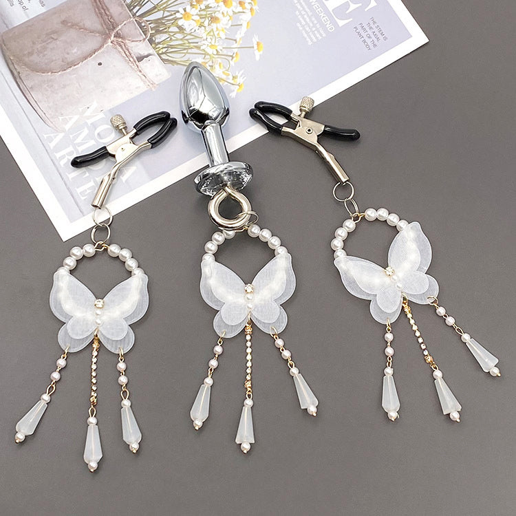 White Butterfly Nipple Clamps & Anal Plug Set