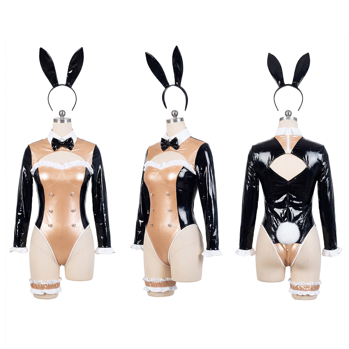 Luxury Enamel Bunny Girl High-Leg Long Sleeve Bodysuit Costume Navy Blue/Champagne Gold