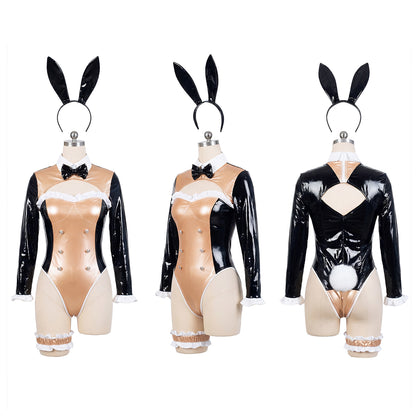 Luxury Enamel Bunny Girl High-Leg Long Sleeve Bodysuit Costume Navy Blue/Champagne Gold