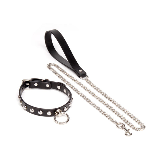 Big O-Ring Dome Studded Spiked Leather Collar with Leash