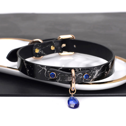 Crystal Rhinestone Real Leather Collar with Marble-Pattern