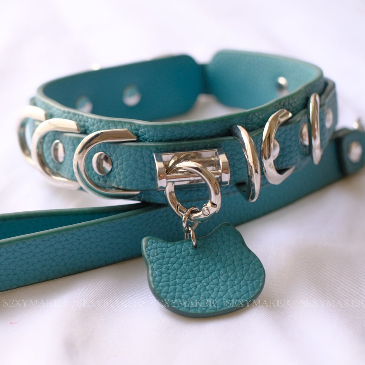 Peacock Blue Kitten Day Collar & Leash Set with Silver Cat Charm