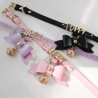 Sparkling Cute Ribbon with Glowing Bell Bondage Collar Black/Pink/Purple