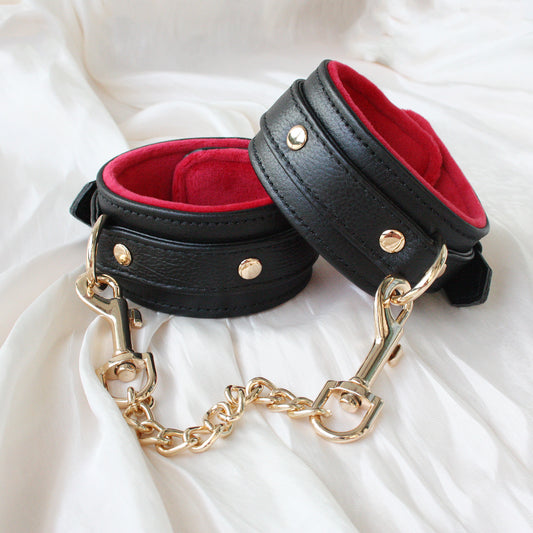 Premium Genuine Leather Wrist Cuffs with Soft Velvet Lining – Black & Red