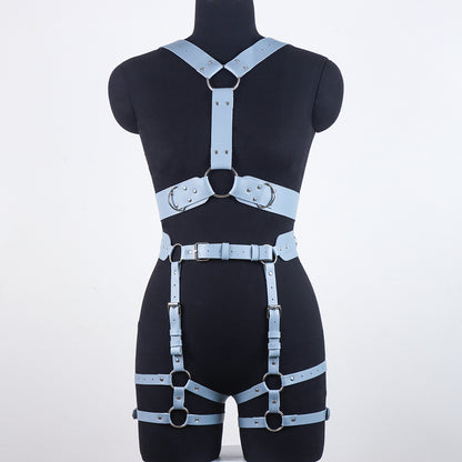 Blue Bondage Body Harness Set & Detachable Cuffs