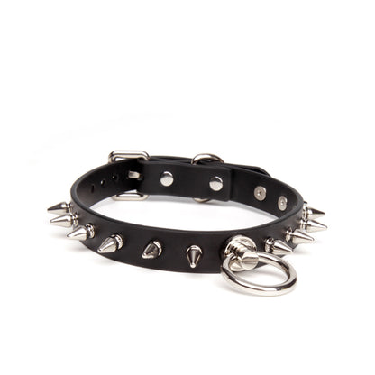 Big O-Ring Real Leather Spiked Collar with Leash