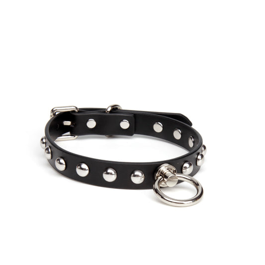 Big O-Ring Dome Studded Spiked Leather Bondage Collar with Leash