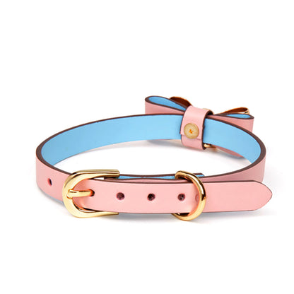 Cute Metal Bow Leather Bondage Collar with lead Pink/Black