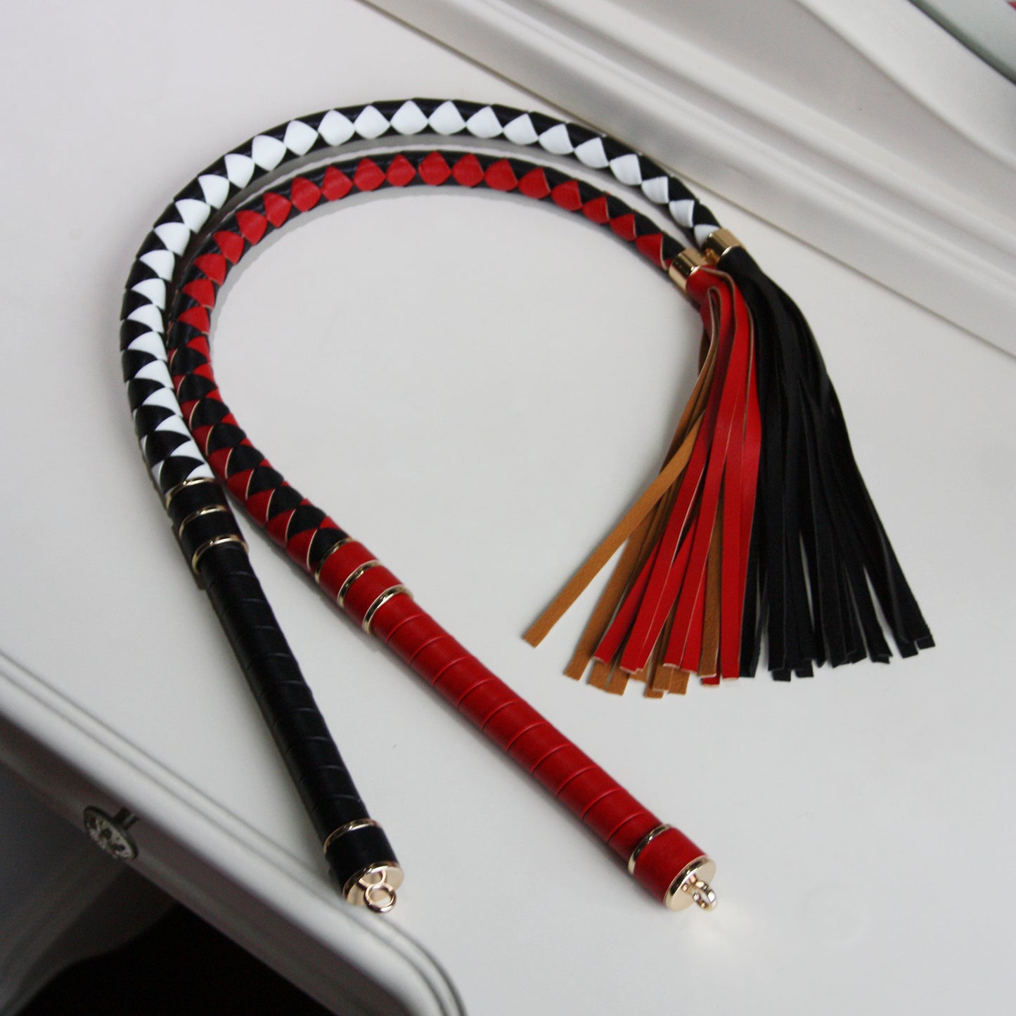 BDSM Spanking Cowhide Leather Whip 90cm/35.4" RedxBlack / WhitexBlack