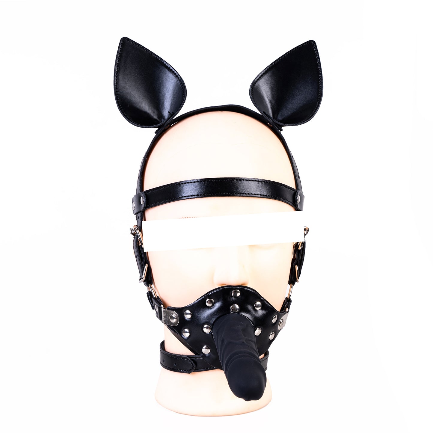 Dual-action silicone dildo gag head harness with puppy ears for pet play