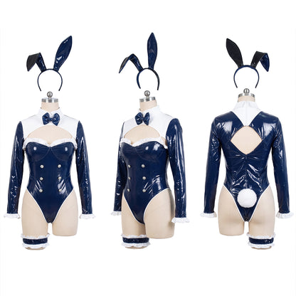 Luxury Enamel Bunny Girl High-Leg Long Sleeve Bodysuit Costume Navy Blue/Champagne Gold