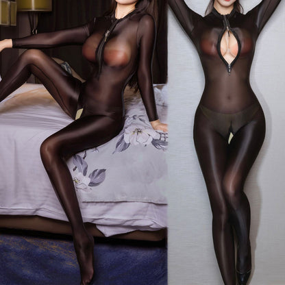Sheer Glossy Full-Body Catsuit with Dual Zippers Fetish Bodysuit