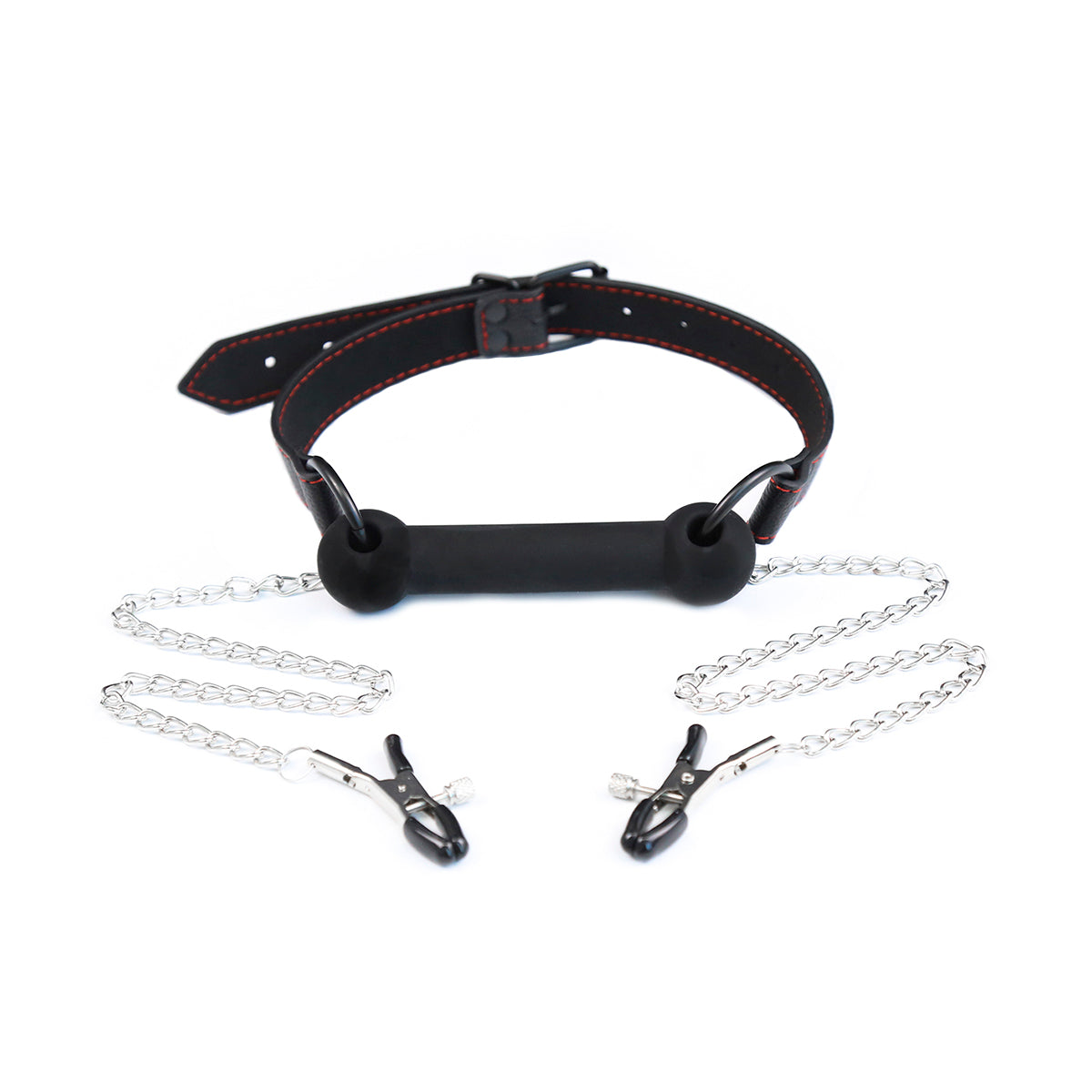 Silicone Dog Bone Mouth Gag with Nipple Clamps