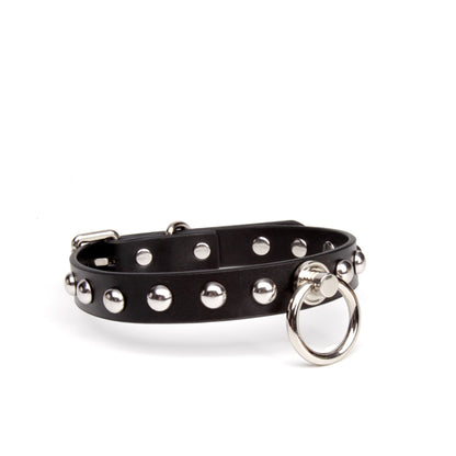 Big O-Ring Dome Studded Spiked Leather Collar with Leash