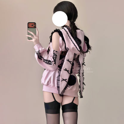 Sweet & Sinful Bunny Lingerie Set | Sheer Lace Leotard & Suspender Skirt
