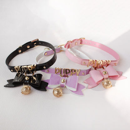 Sparkling Cute Ribbon with Glowing Bell Bondage Collar Black/Pink/Purple