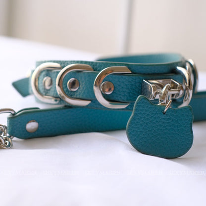 Peacock Blue Kitten Day Collar & Leash Set with Silver Cat Charm