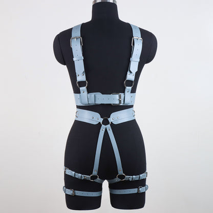 Blue Bondage Body Harness Set & Detachable Cuffs