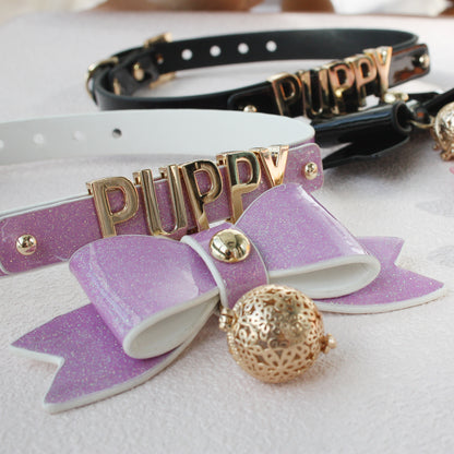 Sparkling Cute Ribbon with Glowing Bell Bondage Collar Black/Pink/Purple