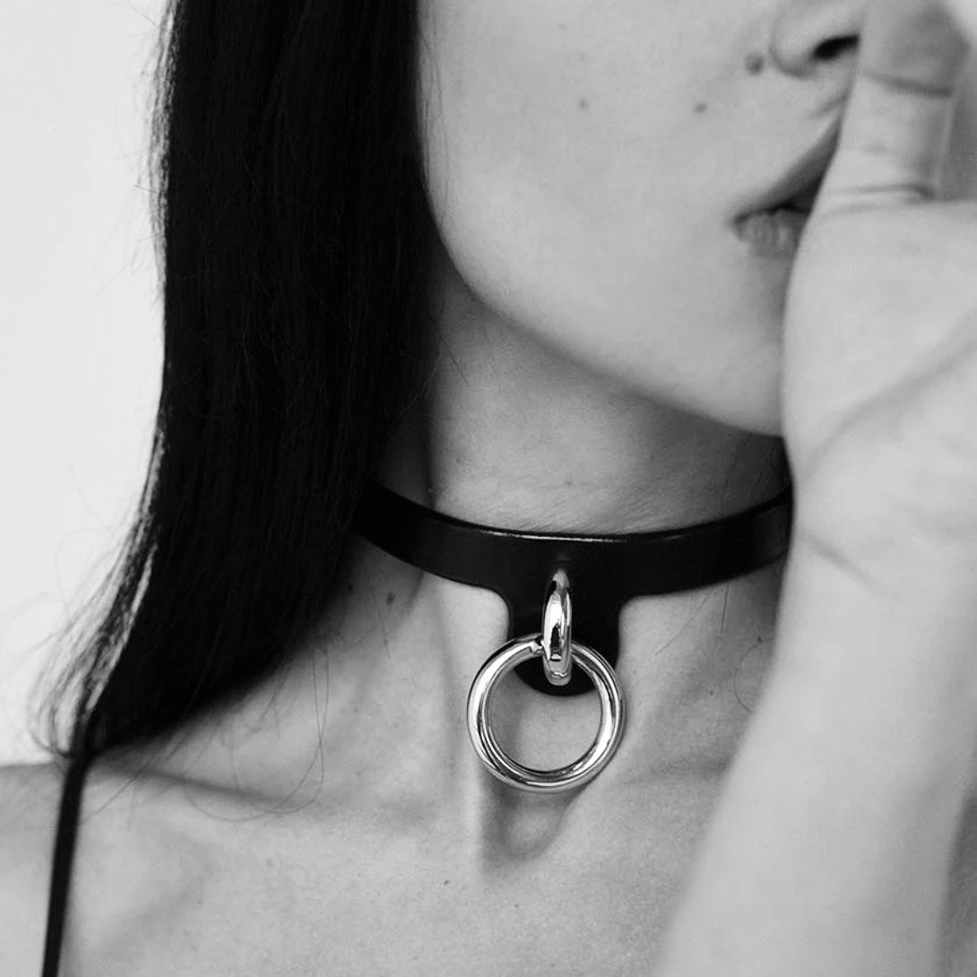 Two Big O-Rings Real Leather BDSM Collar