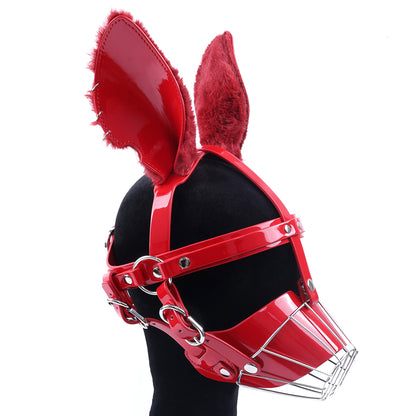 Glossy Red Metal Cage Human Muzzle Mask - Feral Fluffy Ears