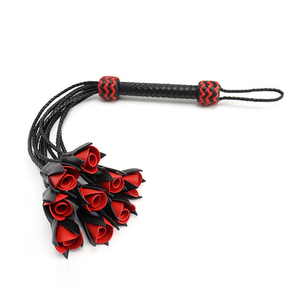 Handmade Red Rose Leather Flogger with 9 Braided Tails