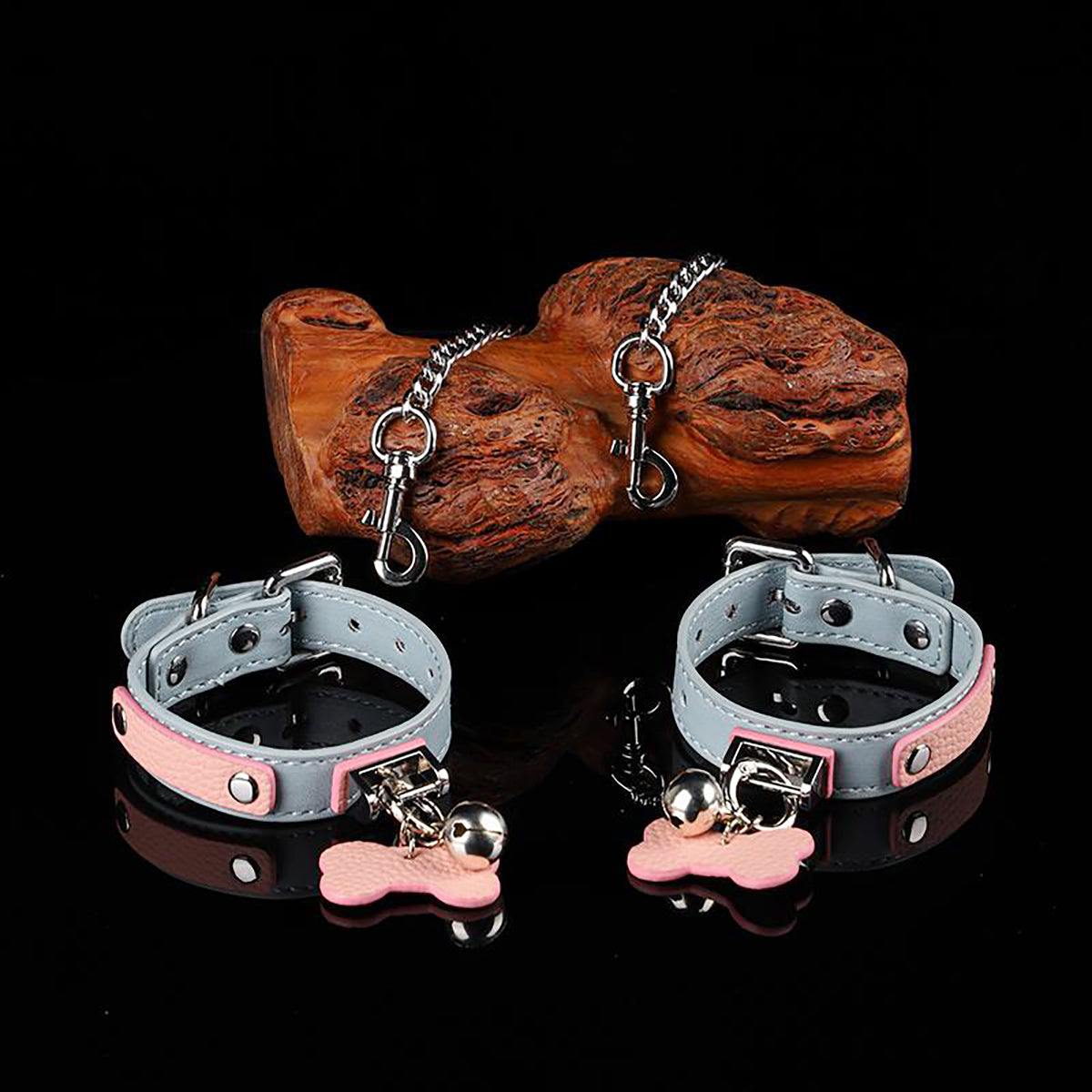 High-Quality Genuine Leather Bondage Handcuffs/Ankle Cuffs – Light Blue x Pink