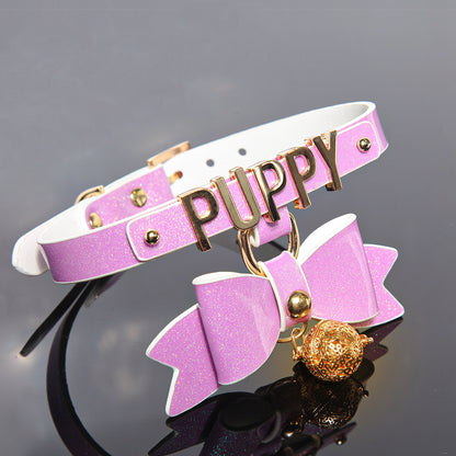 Sparkling Cute Ribbon with Glowing Bell Bondage Collar Black/Pink/Purple