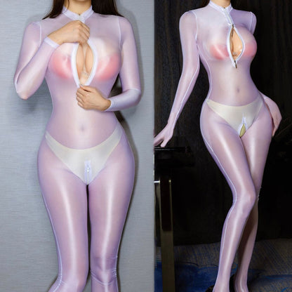 Sheer Glossy Full-Body Catsuit with Dual Zippers Fetish Bodysuit
