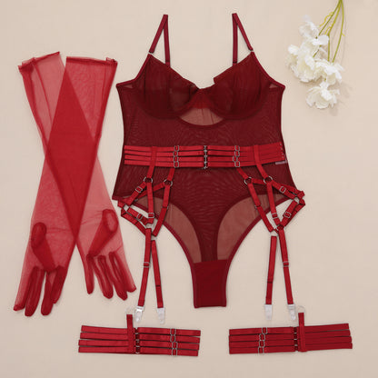 Burgundy Mesh Bodysuit with Garter Belt