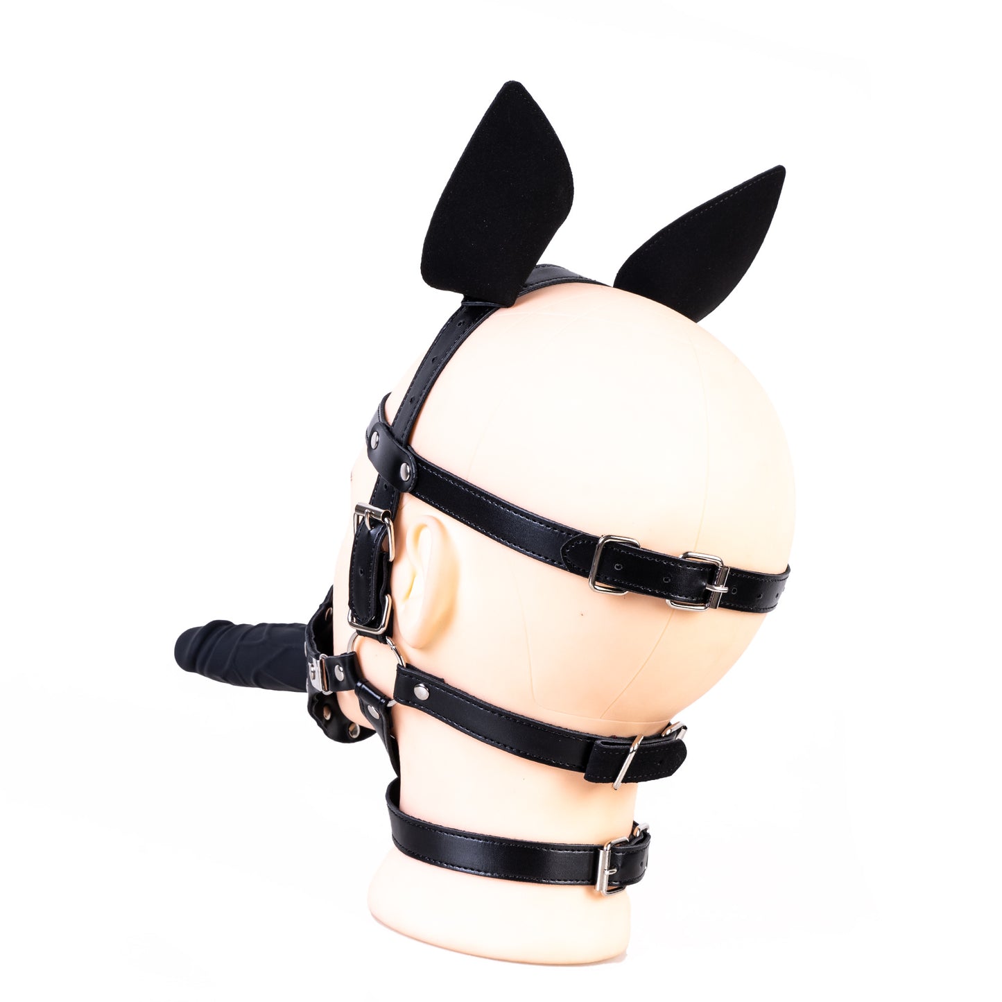 Dual-action silicone dildo gag head harness with puppy ears for pet play