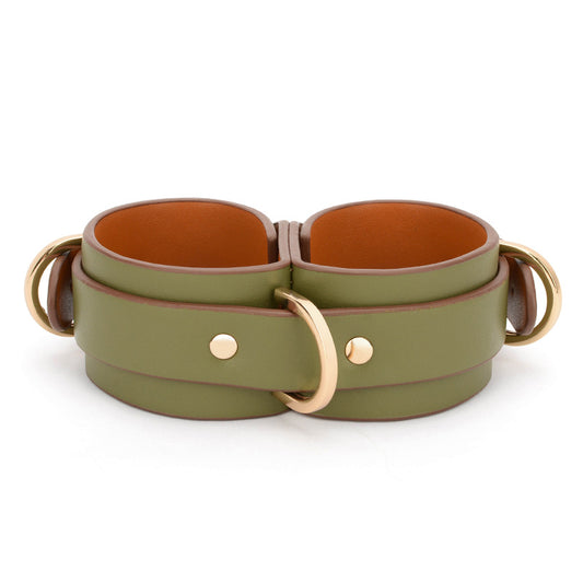Integrated Thick Leather BDSM Handcuffs Olive Green