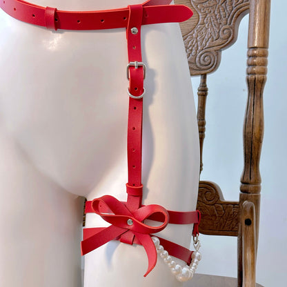 Seductive Wine Red Vegan Leather Body Harness with Pearl Chain