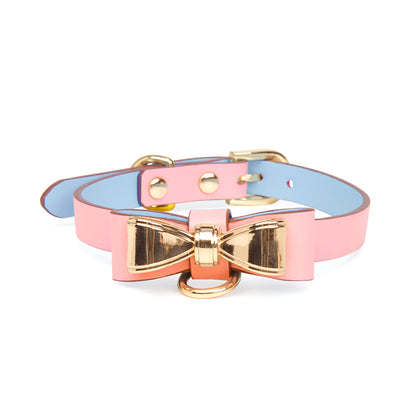 Cute Metal Bow Leather Bondage Collar with lead Pink/Black