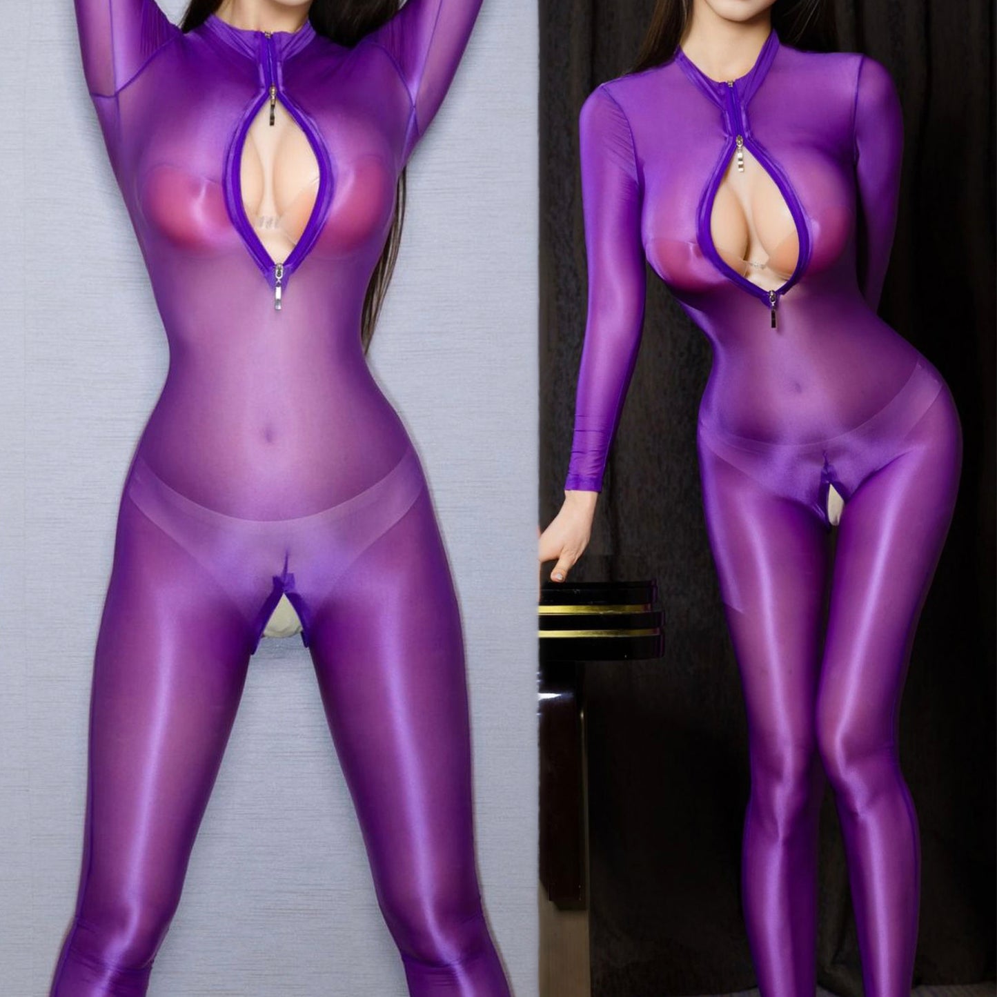Sheer Glossy Full-Body Catsuit with Dual Zippers Fetish Bodysuit