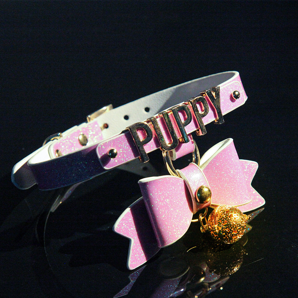 Sparkling Cute Ribbon with Glowing Bell Bondage Collar Black/Pink/Purple