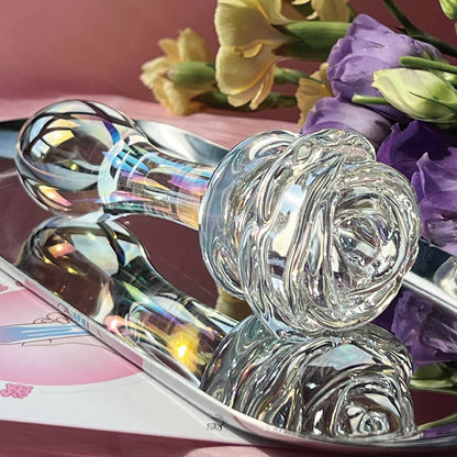 Transparent Smooth Crystal Rose Flower Glass Dildo Anal Butt Plug