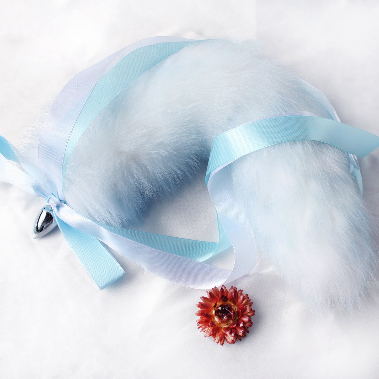 Fluffy Ice Blue and white Tail Anal Butt Plug - Customizable Tail Length & Plug Size