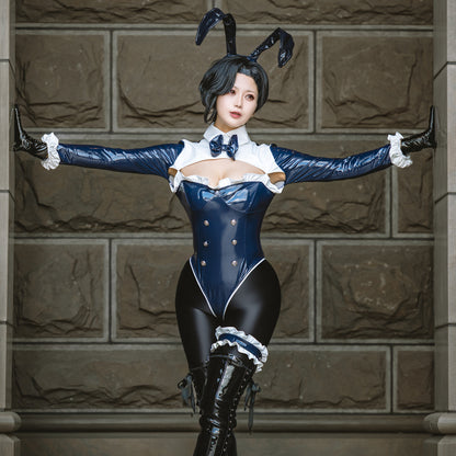 Luxury Enamel Bunny Girl High-Leg Long Sleeve Bodysuit Costume Navy Blue/Champagne Gold