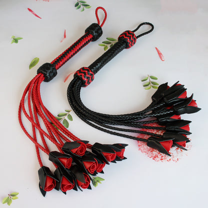 Handmade Red Rose Leather Flogger with 9 Braided Tails