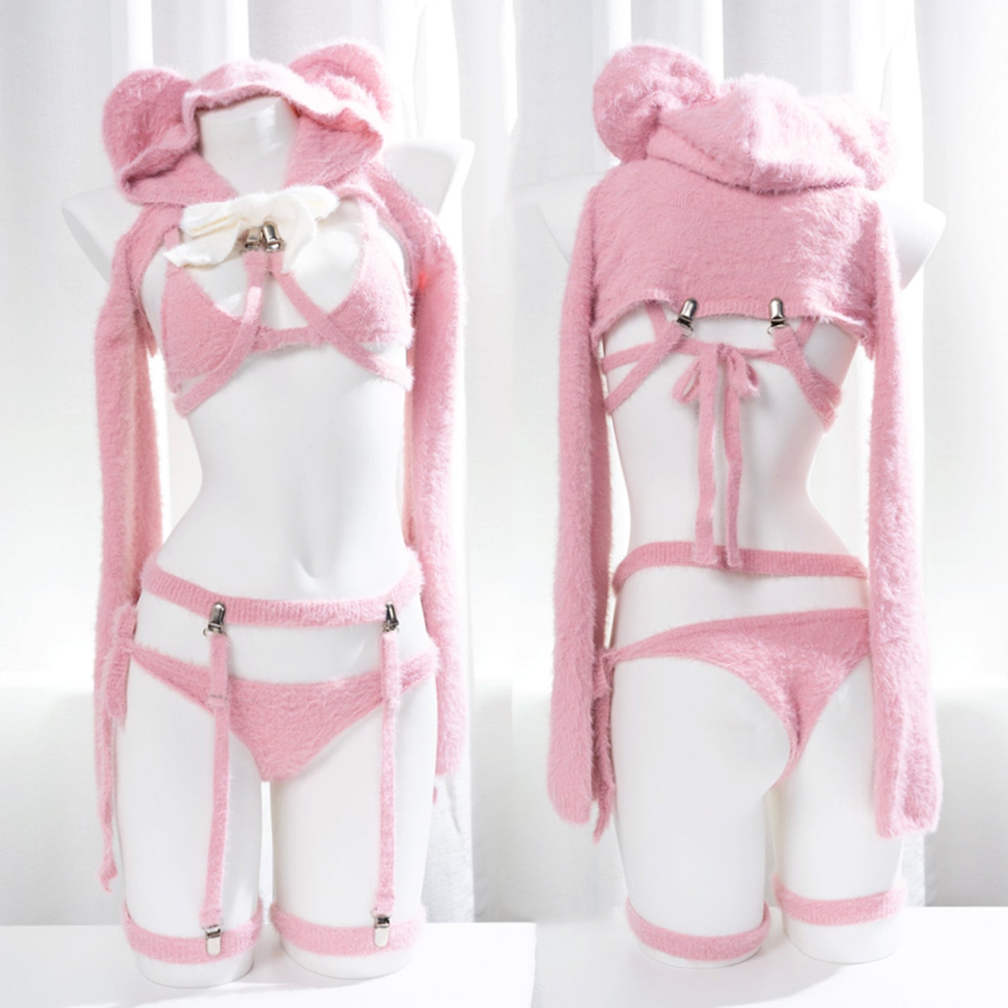 Cute Pink Soft Fluffy Fur Bikini Bear Cosplay Set