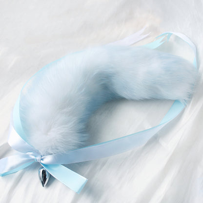 Fluffy Ice Blue and white Tail Anal Butt Plug - Customizable Tail Length & Plug Size