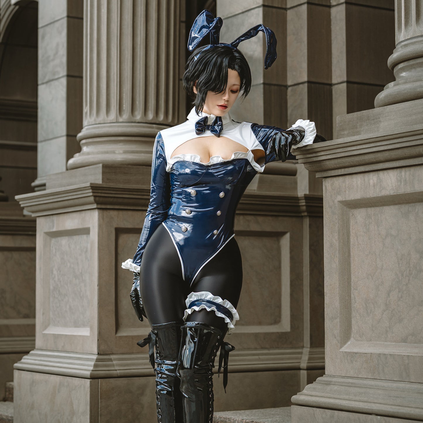 Luxury Enamel Bunny Girl High-Leg Long Sleeve Bodysuit Costume Navy Blue/Champagne Gold