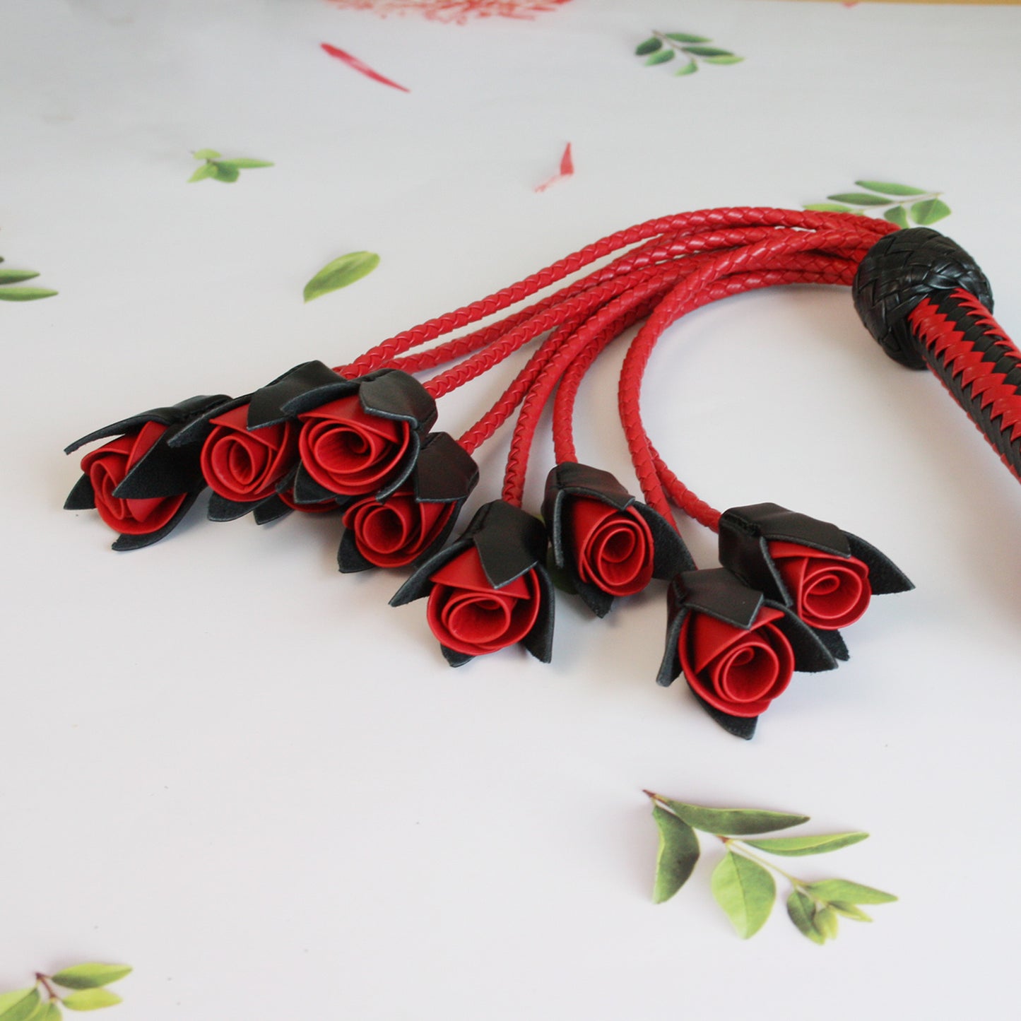 Handmade Red Rose Leather Flogger with 9 Braided Tails