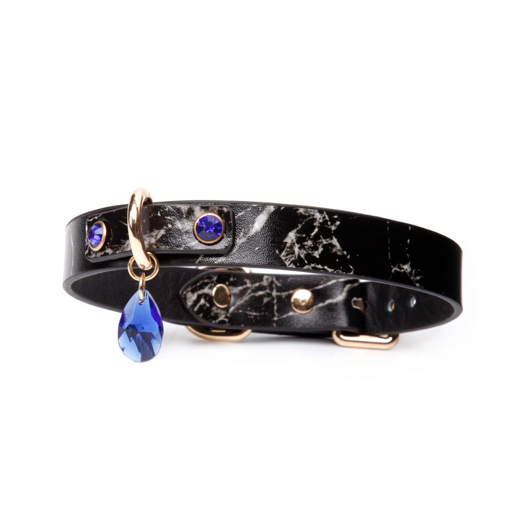 Marble-Pattern Leather Collar with Blue Crystal Rhinestone