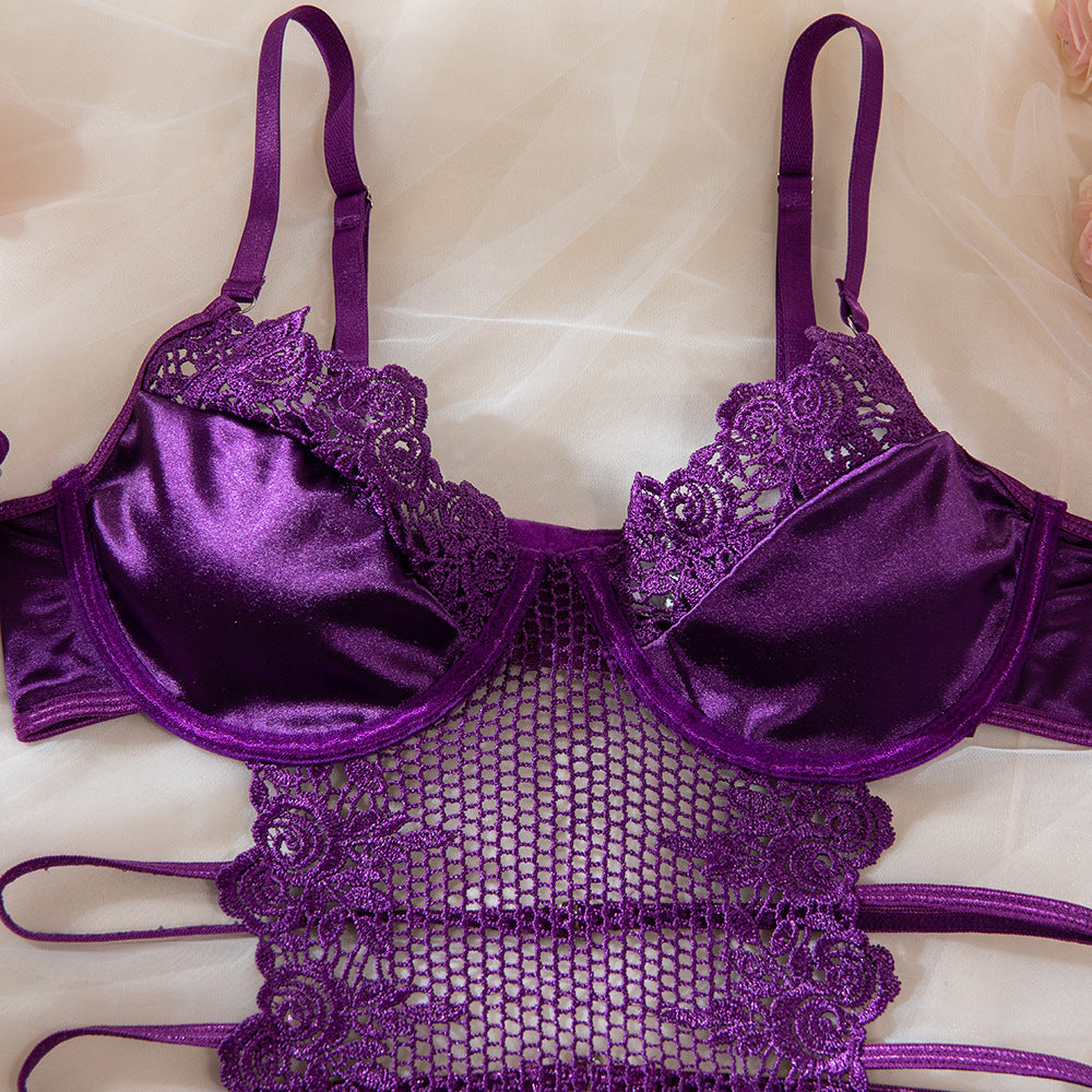 Sexy Lace Corset Garter Belt 4 Piece Lingerie Set Purple