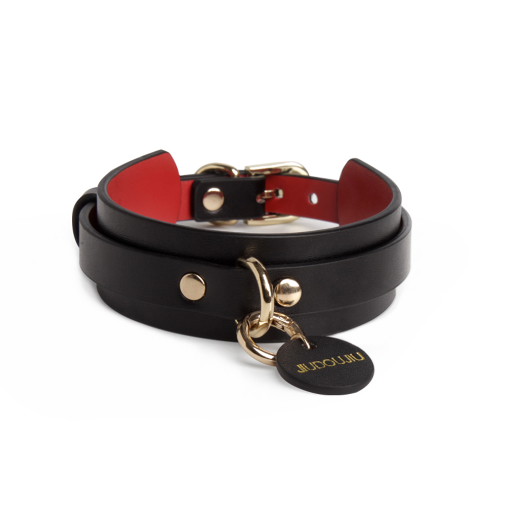 Customizable Genuine Leather Collar with A Nameplate Black&Red