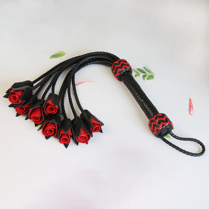 Handmade Red Rose Leather Flogger with 9 Braided Tails